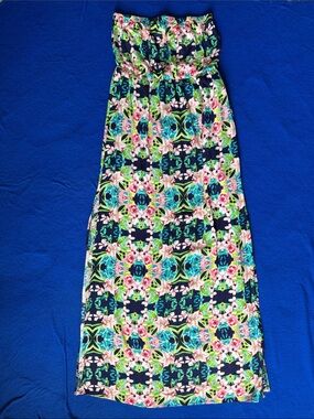 Annianna Floral Strapless Maxi Dress in Navy, Pink, Green